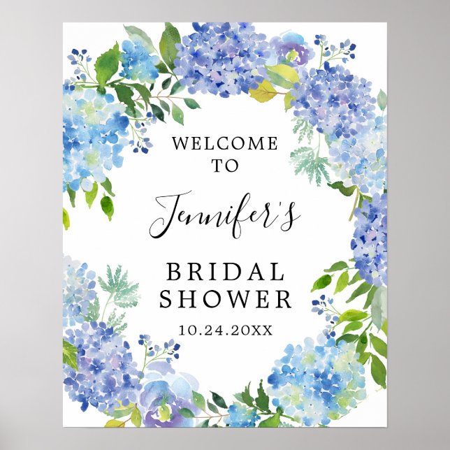 Affiche Fête de Mariage Champêtre Hydrangea Aquarelle Bleu (Devant)
