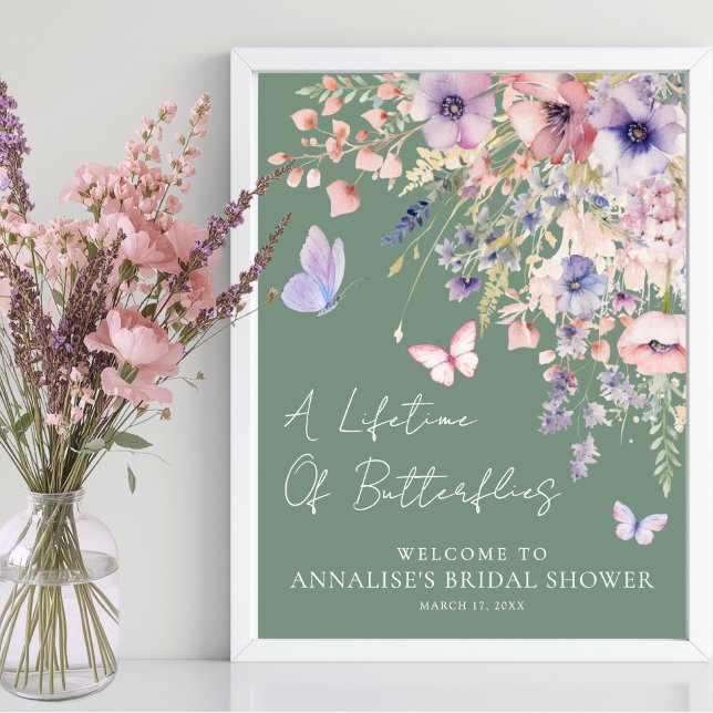 Affiche Fête de mariage champêtre papillon (Butterfly Wildflower Bridal Shower Poster )