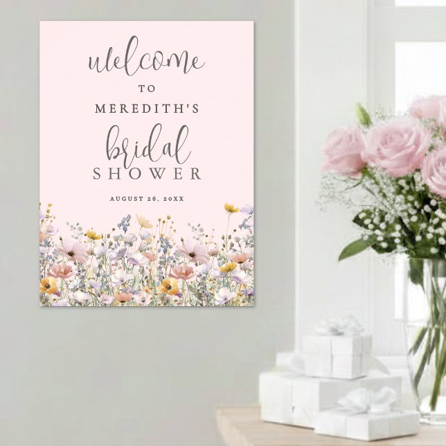 Affiche Fête de mariage champêtre rose blush (Wildflower Blush Pink Bridal Shower Poster )