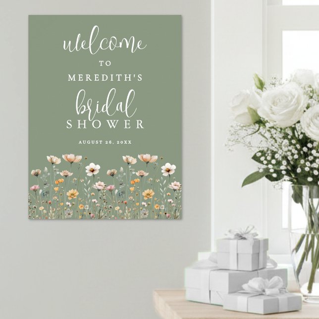Affiche Fête de mariage champêtre vert sauge (Wildflower Sage Green Bridal Shower Poster)