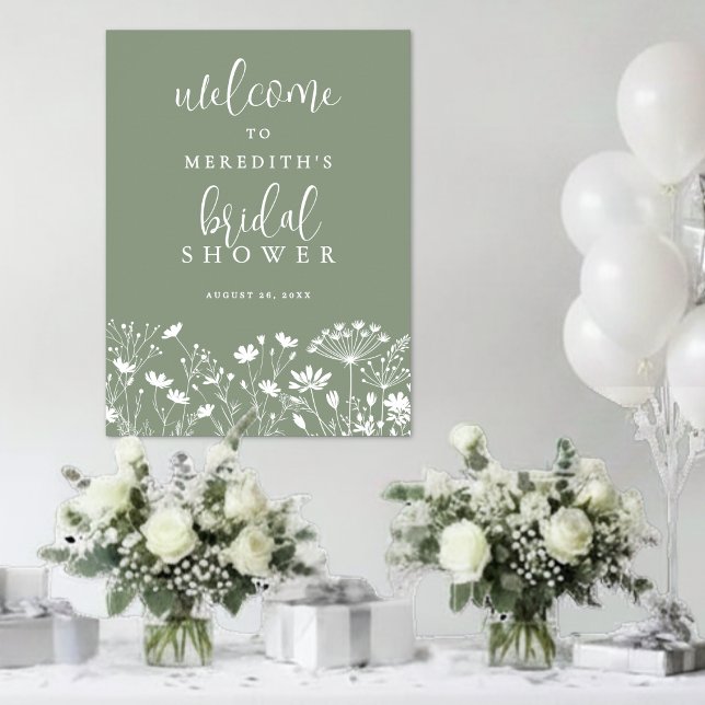 Affiche Fête de mariage champêtre vert sauge avec fleurs s (Wildflower Sage Green Bridal Shower Poster)