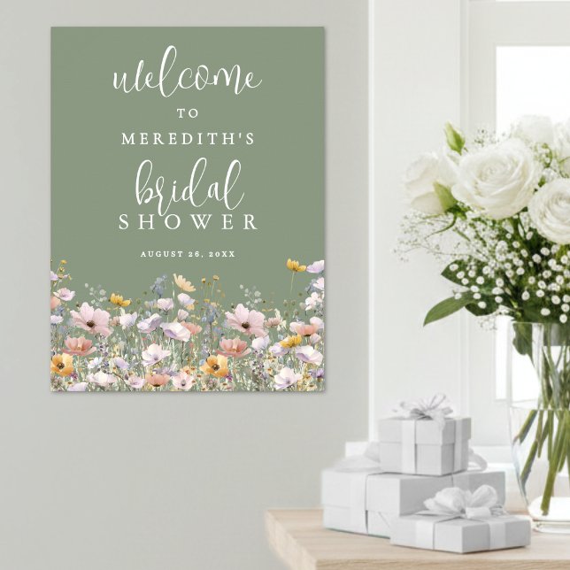 Affiche Fête de mariage champêtre vert sauge avec fleurs s (Wildflower Sage Green Bridal Shower Poster )