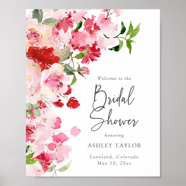 Affiche Fête de mariage floral rose rouge (Devant)