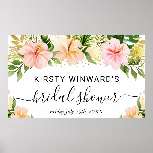 Affiche Fête de mariage tropical fleurs rose aquarelle (Devant)