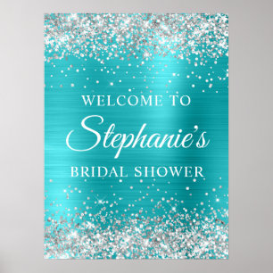 Affiche Fête de mariage Turquoise Bleu Paillettes Argentée