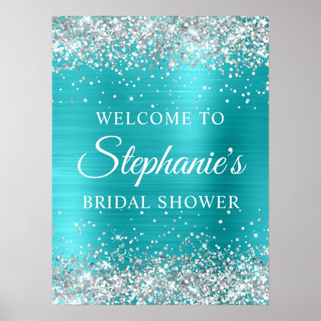 Affiche Fête de mariage Turquoise Bleu Paillettes Argentée (Devant)