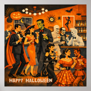 Affiche Fête de martini d'Halloween en style Mid Century M