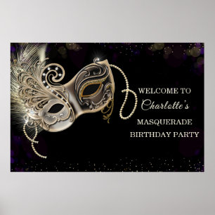 Affiche Fête de masquerade violette or noir personnalisée
