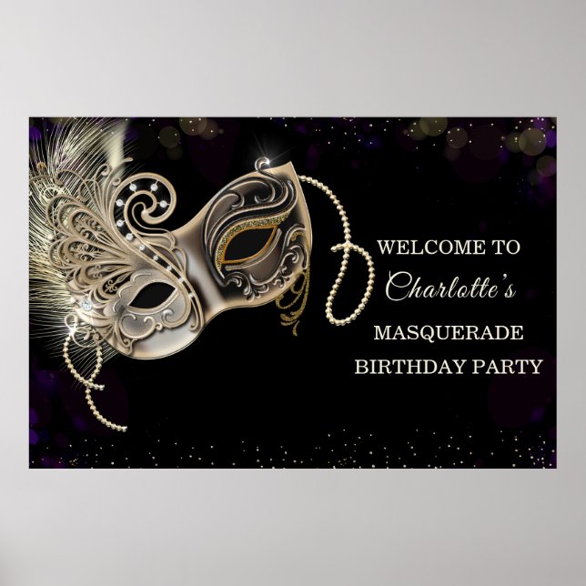 Affiche Fête de masquerade violette or noir personnalisée (Devant)