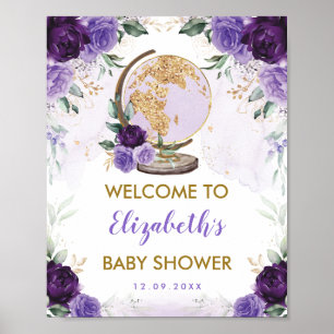 Affiche Fête de Naissance Aventure Voyage Fleur Or Violet