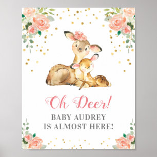 Affiche Fête de naissance Bébé fille Oh Deer Woodland Fleu