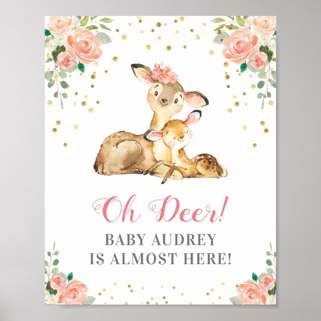 Affiche Fête de naissance Bébé fille Oh Deer Woodland Fleu (Devant)