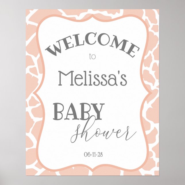 Affiche Fête de Naissance Bébé Fille Rose Girafe (Devant)