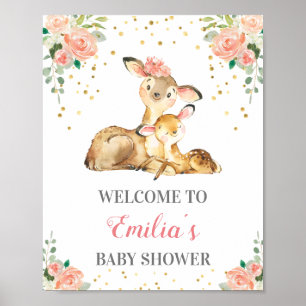 Affiche Fête de naissance Bébé fille Woodland Cerf Guirlan