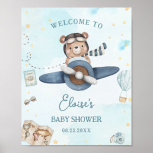 Affiche Fête de naissance bébé garçon Ourson bleu avion Av
