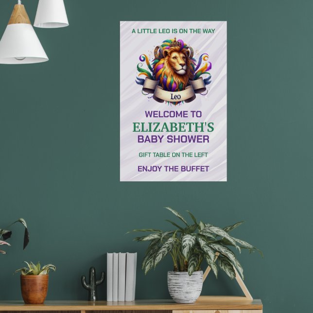 Affiche Fête de naissance Bébé Lion Lavande et Vert (Salon 1)