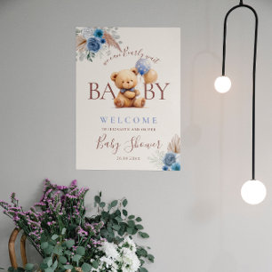 Affiche Fête de naissance Bébé Ourson Boho Rose Bleue Ball