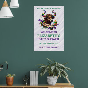 Affiche Fête de naissance Bébé Taureau Lavande et Vert Sig