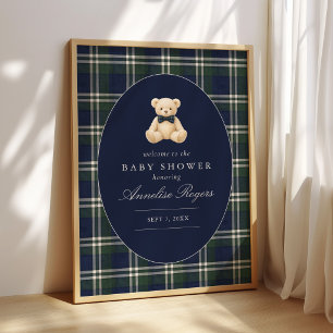 Affiche Fête de naissance d'un garçon ourson tartan polo c