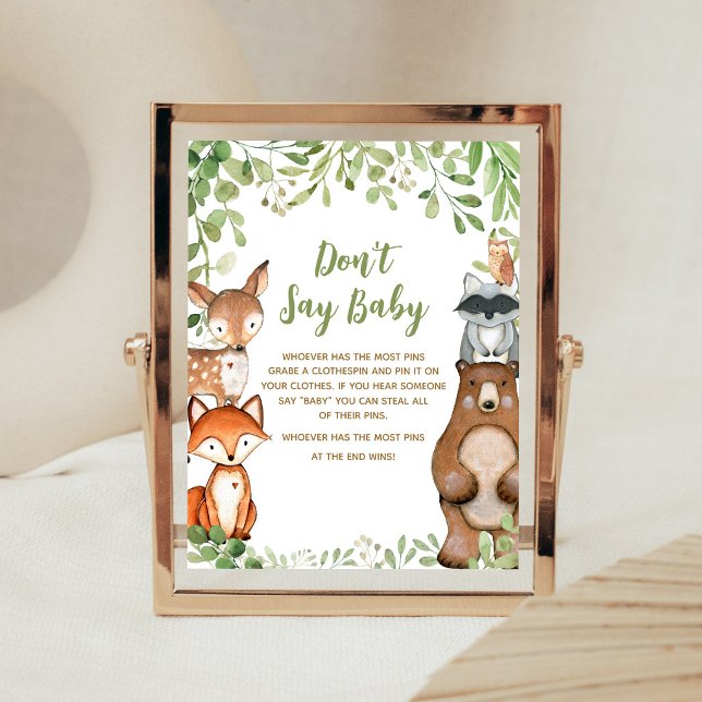 Affiche Fête de naissance en bois verdoyant Ne dites pas P (Woodland Animals Baby Shower Don't Say Baby Sign)