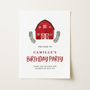 Affiche Fête de Naissance Ferme Rustique Grange Rouge Aqua