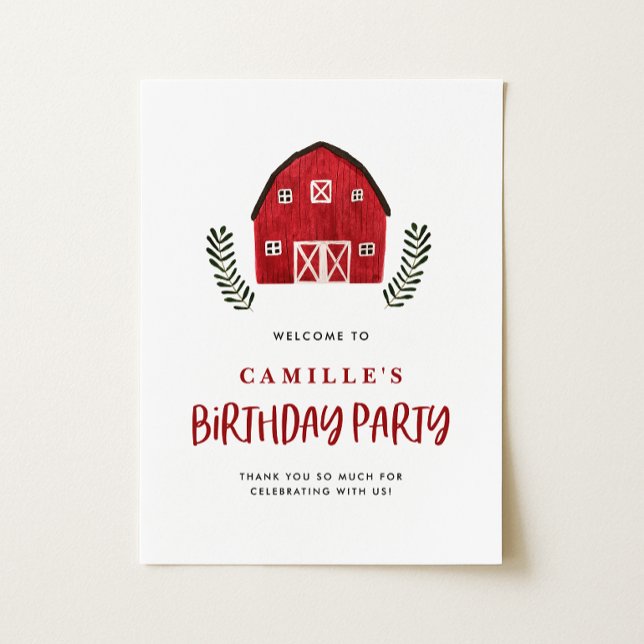 Affiche Fête de Naissance Ferme Rustique Grange Rouge Aqua (Watercolor red barn birthday party sign featuring farmhouse charm for a country-themed party.)