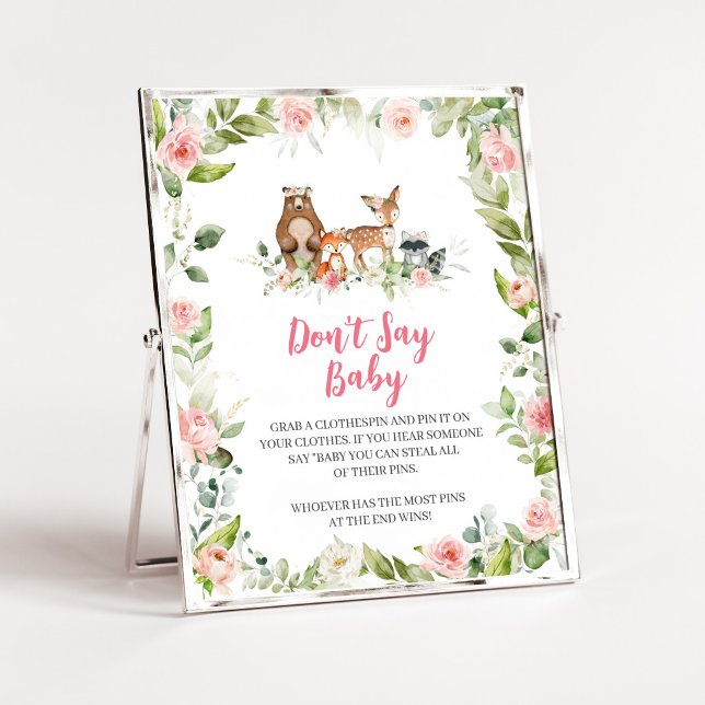 Affiche Fête de naissance Florale en Forêt - Panneau Ne di (Girl Woodland Animals Baby Shower Don't Say Baby Sign)