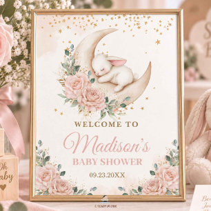 Affiche Fête de naissance florale Lapin Rose Pâle Lune