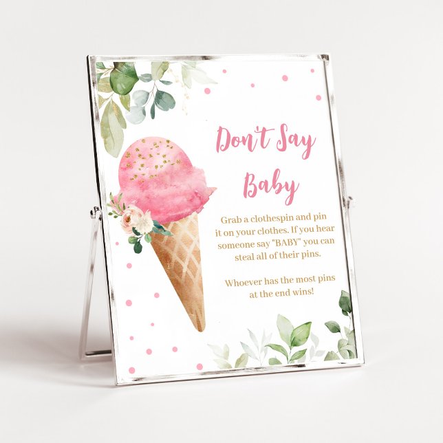 Affiche Fête de Naissance Glace Rose Ne Dis Pas Bébé Panne (Girl Ice Cream Baby Shower Don't Say Baby SIgn)