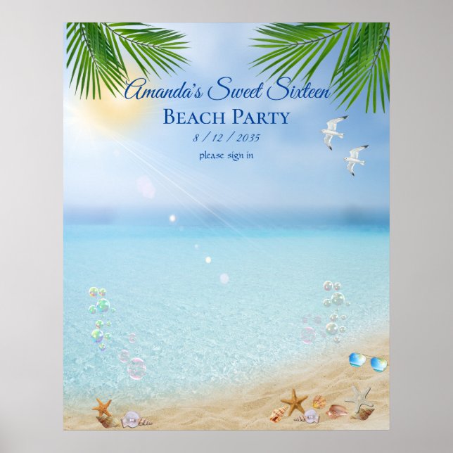 Affiche Fête de plage Luau Sweet Seize Coquillages  Mouett (Devant)