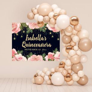 Affiche Fête de Quinceañera noire avec fleurs roses et pai