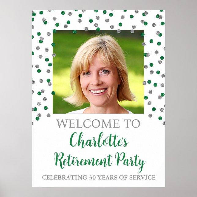 Affiche Fête de retraite verte argent sur mesure 18x24 Pho (Devant)