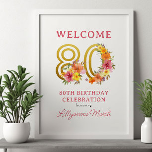 Affiche Fête des 80 ans Fleurs Or Numéro 80 Bienvenue