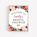 Affiche Fête des mariées Bienvenue Bourgogne Rustique Auto<br><div class="desc">Douche mariage bienvenue affiche / signe caractéristiques texte élégant encadré par une belle couronne rustique de fleurs d'automne aquarelle, y compris roses, dahlias, fleurs de pivoine, et verdure, dans une magnifique palette estivale ou automnale de rouge bordeaux, jaune doré, orange pêche, rose roux, et tons de vert. Comprend un accent...</div>