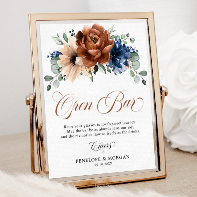 Affiche Fête des mariées Bleue de la Marine de Terracotta  (Wedding open bar sign terracotta and navy floral. )