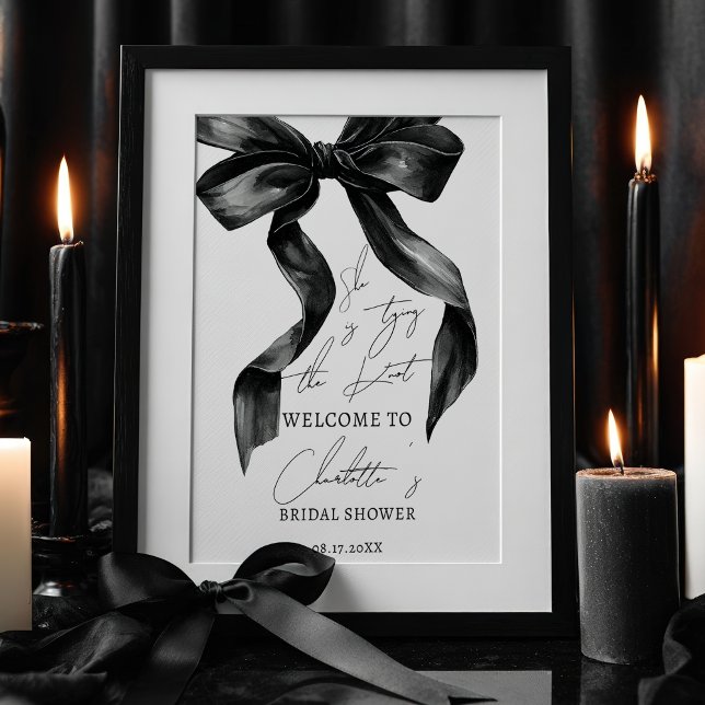 Affiche Fête des mariées de noeud de jonction Chic Black B (Chic Black Bow Tying Knot Bridal Shower Welcome Poster)