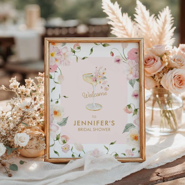 Affiche Fête des mariées de pétales et de poursuites (Pink Petals and Prosecco Welcome Poster)