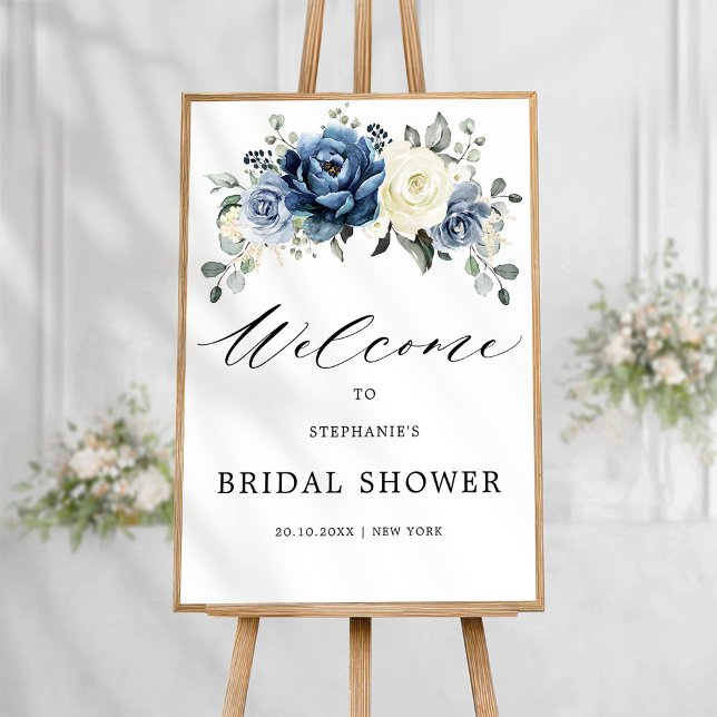 Affiche Fête des mariées d'ivoire Dusty Blue Champagne (Dusty Blue Champagne Ivory Bridal Shower Welcome Poster)