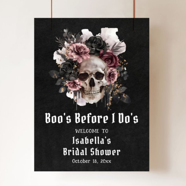 Affiche Fête des mariées du crâne floral d'Halloween noir (Boo's Before I Do's Skull Bridal Shower Welcome Sign)