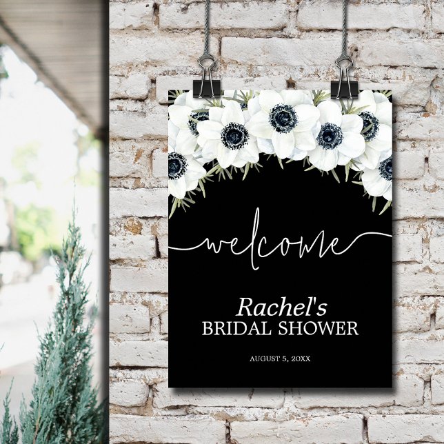 Affiche Fête des mariées florale aquarelle Bienvenue (Watercolor black and white floral bridal shower welcome poster)