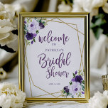 Affiche Fête des mariées Florale d'or mauve Bienvenue<br><div class="desc">Joli panneau d'accueil fleuri or violet pour douche nuptiale. Facile à personnaliser avec vos détails. Idéal pour la douche nuptiale violette ou fleurie. Contactez-moi par conversation si vous avez des questions sur l'oeuvre ou avez besoin d'une personnalisation. VEUILLEZ NOTER : Pour obtenir de l'aide sur les commandes, l'expédition, l'information sur...</div>