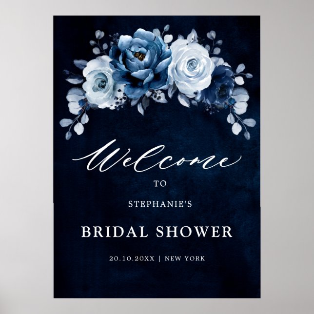 Affiche Fête des mariées florale Dusty Blue Slate Navy Bie (Devant)