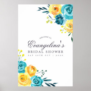 Affiche Fête des mariées florale turquoise et jaune Accuei