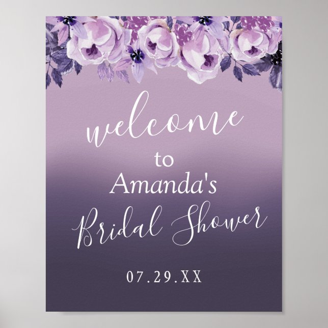 Affiche Fête des mariées florale violet élégant Bienvenue (Devant)