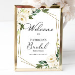 Affiche Fête des mariées géométrique verdoyante Bienvenue<br><div class="desc">Belle verdure eucalyptus blanc floral géométrique signe de bienvenue de la douche nuptiale. Facile à personnaliser avec vos détails. Contactez-moi par conversation si vous avez des questions sur l'oeuvre ou avez besoin d'une personnalisation. VEUILLEZ NOTER : Pour obtenir de l'aide sur les commandes, l'expédition, l'information sur les produits, etc., contactez...</div>