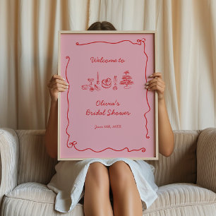 Affiche Fête des mariées manuscrite rose rouge Bienvenue