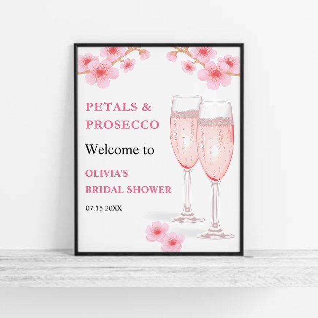 Affiche Fête des mariées moderne Petals & Prosecco Bienven (Modern Petals & Prosecco Pink Watercolor Floral Bridal Shower Welcome Sign  )