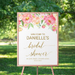 Affiche Fête des mariées Peach and Pink Peony Flowers Bien<br><div class="desc">Cette affiche de bienvenue de pêche et de pivoine rose fleurs nuptiale douche est parfaite pour une douche de mariage élégante. Le design floral présente un bel agencement de pivoines d'aquarelle dans des tons de rougeur et de corail assortis à de somptueuses calligraphies de feuilles d'or imitation. Customisez l'affiche avec...</div>
