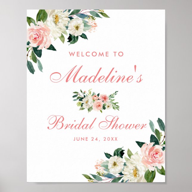 Affiche Fête des mariées Rose Blush Floral Bienvenue (Devant)