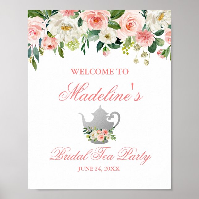 Affiche Fête des mariées Tea Party Floral rose Argent Bien (Devant)